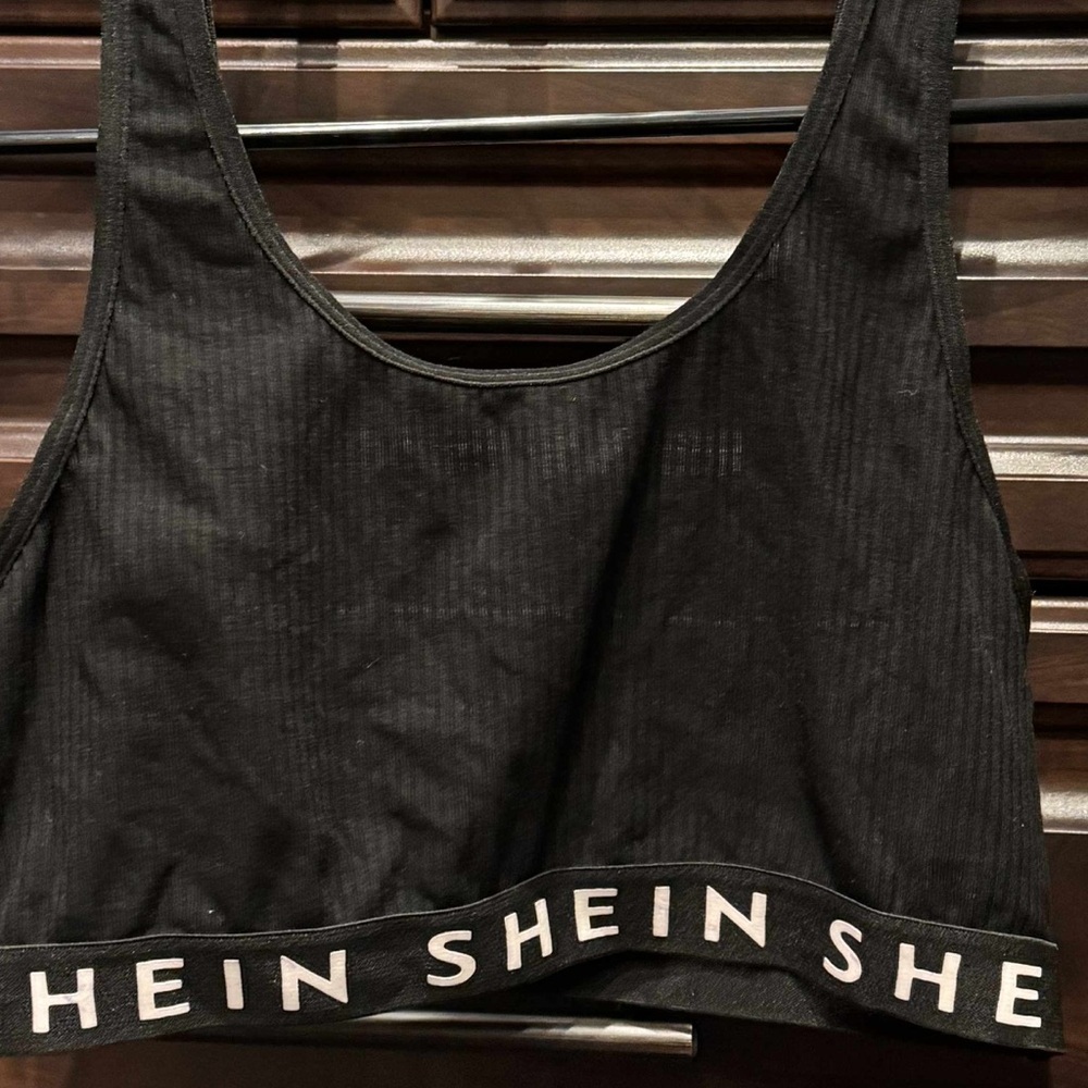 SHEIN Black Ribbed Logo crop top sports bra MEDIUM adjustable straps - Picture 4 of 5